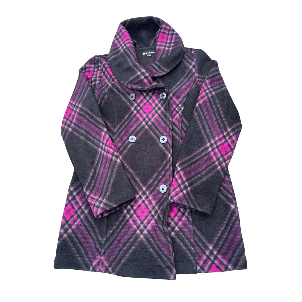 Valerie Bertinelli Pink Black Plaid Fleece Pea Coat Jacket Shawl Collar Medium
